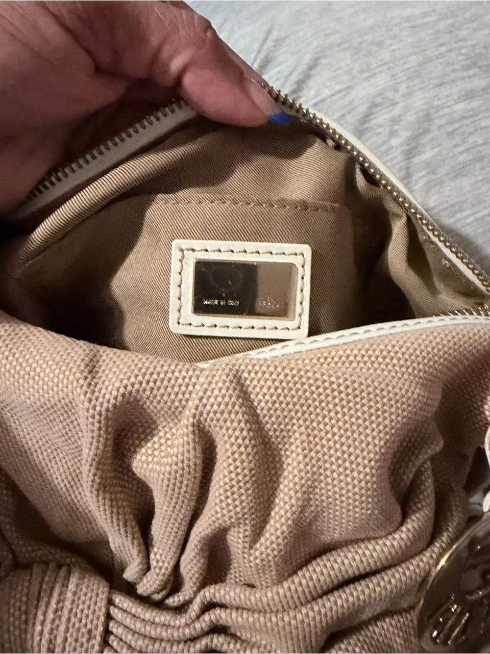 Fendi Beige Knot-Front Crossbody with White Strap